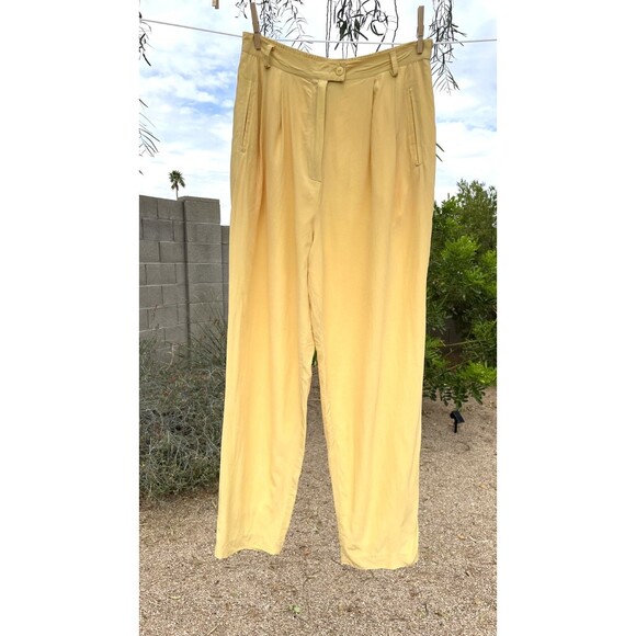 Spring Soft Butter Yellow Silk Pleated High Waisted Pants Womens Pants 26 x 29 - Picture 2 of 16